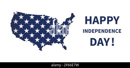 Vector illustration. Text Happy Independence Day. Holiday in USA - 4th of July. Blue map of USA with stars like on the national flag Stock Vector