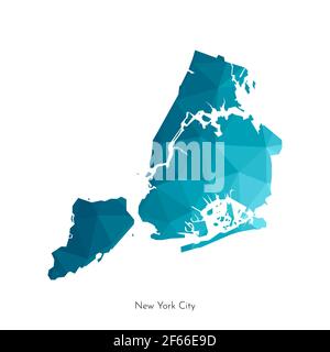 Vector isolated illustration with simplified polygonal shape of New York City map (city in the United States). Blue low poly silhouette of The Big App Stock Vector