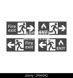 Fire exit black vector sign. Fire escape icon with door, running man and flame. Stock Vector