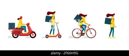 Express during delivery girl courier service concept set. Online fast logistic woman on bicycle, electric scooter, moped and walk on foot with orders parcel box and backpack. Vector flat illustration Stock Vector