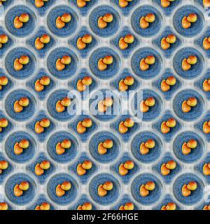 Seamless pattern of ripe pears on textural, beautiful plate on blue background. Concept of natural, ecological, seasonal fruits and vegetables. Fruits Stock Photo