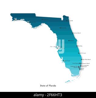 Vector isolated simplified illustration with map of State of Florida (USA) in blue gradient colors. Tags with big cities. White background. Stock Vector