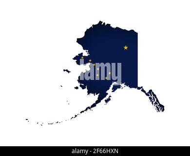 Vector isolated illustration with flag and simplified map of Alaska (State of USA). Volume shadow on the map. White background. Stock Vector