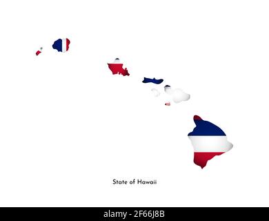 Vector isolated illustration with flag and simplified map of Hawaii (State of USA). Volume shadow on the map. White background Stock Vector