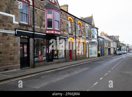 A view of the empty high street in Camborne during lockdown, Cornwall,UK Stock Photo