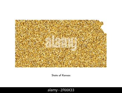 Vector isolated illustration with simplified map of State of Kansas (USA). Shiny gold glitter texture. Decoration template. Stock Vector