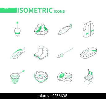 Fishing equipment - modern line isometric icons set. Hobby, recreation and summer activity concepts. Fish, rubber boots, vest, rod, boat and puddle, s Stock Vector