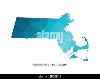 Vector isolated illustration icon with simplified blue map's silhouette of Commonwealth of Massachusetts (USA). Polygonal geometric style. White backg Stock Vector