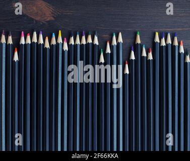 Pencils for drawing. Rainbow color pencils as background.Top view. Flat lay. Stock Photo