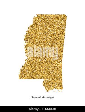 Vector isolated illustration with simplified map of State of Mississippi (USA). Shiny gold glitter texture. Decoration template. Stock Vector