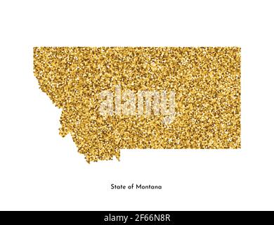 Vector isolated illustration with simplified map of State of Montana (USA). Shiny gold glitter texture. Decoration template. Stock Vector