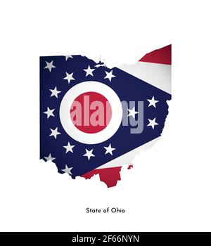 Vector isolated illustration with flag and simplified map of Ohio (State of USA). Volume shadow on the map. White background Stock Vector