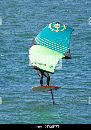 A man sailing on the Columbia River in the Columbia River Gorge near Hood River, Oregon, on a Wing Foil, or Sling Wing, or Slingshot, board. Stock Photo