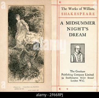 Frontispiece and title page from the Shakespeare play A Midsummer Night's Dream.  Act II. Scene I.  Demetrius, ' I love thee not, therefore pursue me not'. From The Works of William Shakespeare, published c.1900 Stock Photo