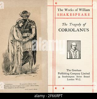 Frontispiece and title page from the Shakespeare play Coriolanus.  Act II. Scene I.  Coriolanus, 'Wouldst thou have laughed had I come coffined home, That weepest to see me triumph?'  From The Works of William Shakespeare, published c.1900 Stock Photo