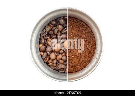 Collage of two photos of a steel coffee grinder, top view: with whole coffee beans and with ground coffee. Isolated on white background Stock Photo