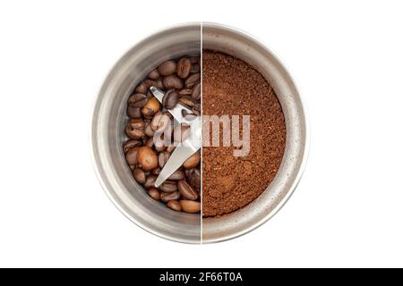 Collage of two photos of a steel coffee grinder, top view: with whole coffee beans and visible blades, and with ground coffee. Isolated on white backg Stock Photo