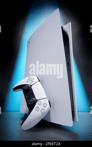 Sony Playstation 5. PS5. With DualSense Controller. Stock Photo