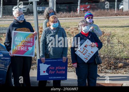 Maple Grove, Minnesota. March 25, 2021. Stop Asian hate protest to remember the victims of the Atlanta Killings. Stock Photo