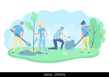 Volunteers cooperating together and cleaning up city park, they are collecting and separating waste, environmental protection concept. Vector Stock Vector
