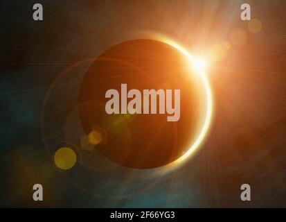 solar eclipse on space stars backgrounds. This is no NASA photo, this rendere image with flare Stock Photo