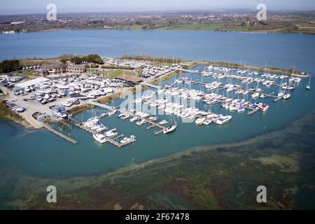 Aerial view of Northney Marina situated on shore of Hayling Island in the beautiful Langstone Harbour. Stock Photo