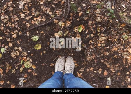 Foot and legs in autumn seen from above Stock Photo