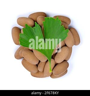 Ginkgo Biloba leaf with pills isolated on white background. Stock Photo