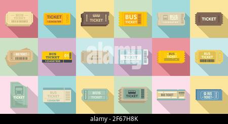 Bus ticketing icons set, flat style Stock Vector