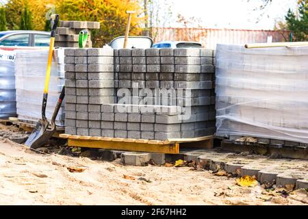 Concrete blocks prepared for the paving of a street Stock Photo