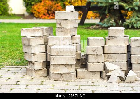 renewal of pavement bricks and paving slabs on the street Stock Photo