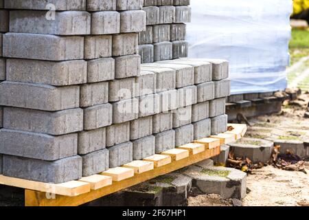 Concrete blocks prepared for the paving of a street Stock Photo