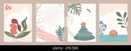 Abstract template with relaxation spa theme. Equilibrium. Banner - cover background with nature - sunset- woman. Meditation. For social media network Stock Vector
