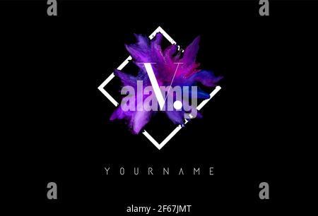 V Letter Logo Design with Colorful ink Stroke over White Square Frame. Creative vector illustration with pink, purple, blue and violet splash and lett Stock Vector