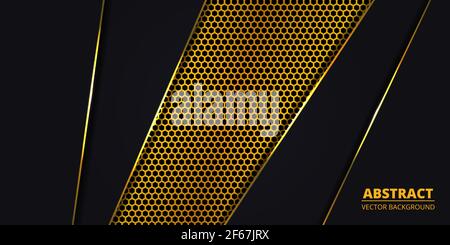 Luxury background with golden hexagon carbon fiber. Abstract background with golden luminous lines. Modern futuristic luxury backdrop. Stock Vector