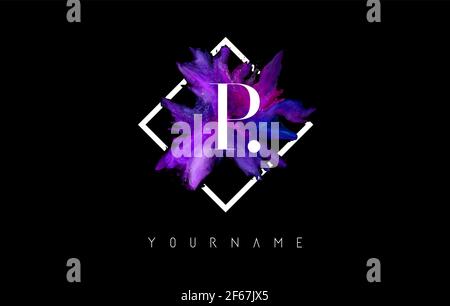 P Letter Logo Design with Colorful ink Stroke over White Square Frame. Creative vector illustration with pink, purple, blue and violet splash and lett Stock Vector