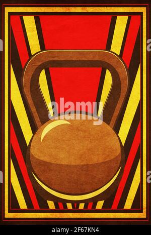 Abstract fitness themed retro design, kettlebell paper textured ...