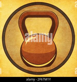 Abstract fitness themed retro design, dumbbells and kettlebell paper ...