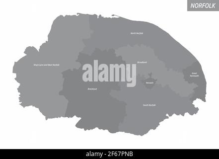 The Norfolk county isolated map divided in administrative regions with labels, UK Stock Vector