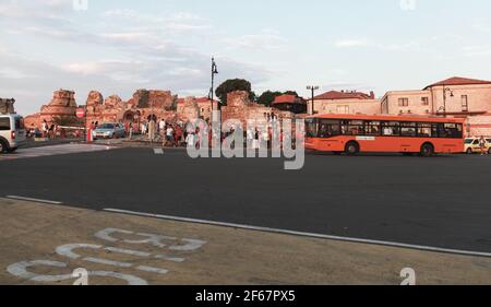 Nessebar, Bulgaria - July 20, 2014: Nesebar Bus stop view with tourists Stock Photo
