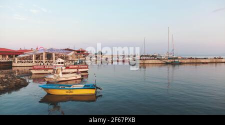 Nessebar, Bulgaria - July 20, 2014: Nesebar old port view with colorful fishing boats Stock Photo