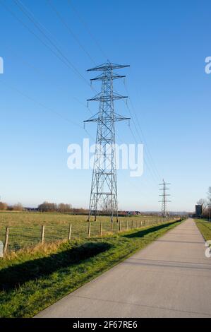 Electricity pole for transportation of electricity in a meadow with a clear blue sky Stock Photo