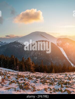 Fantastic winter landscape panorama in snowy mountains Stock Photo
