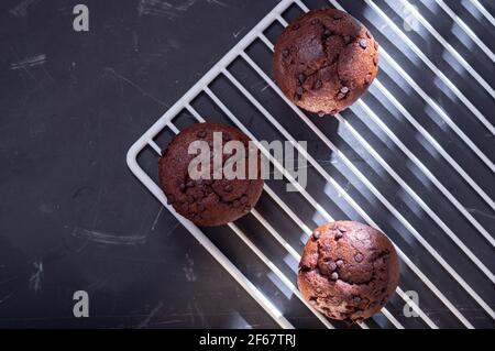 Cooked muffins with chocolate. Coffee muffins. Cupcakes on the wire rack. Chocolate bun. Top. Stock Photo