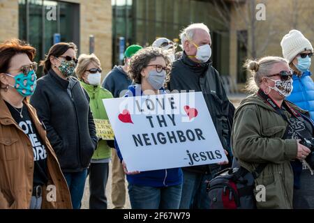 Maple Grove, Minnesota. March 25, 2021. Stop Asian hate protest to remember the victims of the Atlanta Killings. Stock Photo