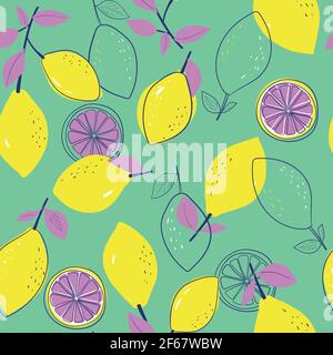 Seamless pattern with lemons on the mint green background. Bright summer design, vector illustration. Hand drawn style. Stock Vector