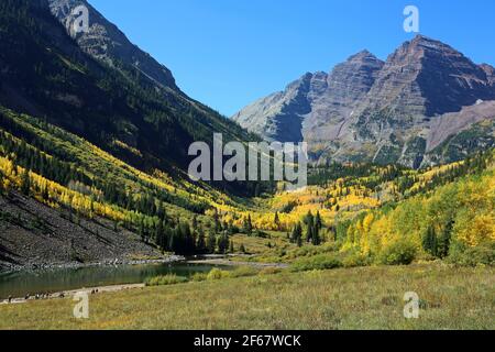 Landscape with Maroon lake and Bells - Colorado Stock Photo