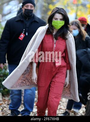 Selena Gomez Wears a Red Utility Jumpsuit on Set in New York