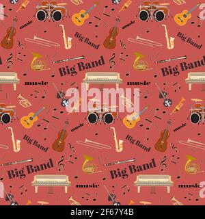 Vector seamless pattern with jazz big band musical instruments Stock Vector