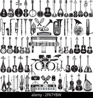 Vector set of black and white musical instruments Stock Vector